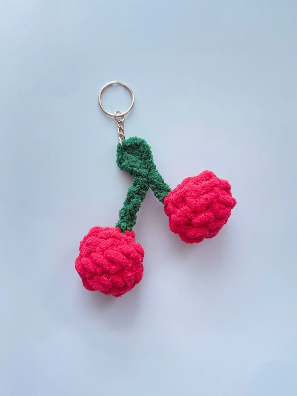 Handmade Crochet Cherry Keychain – Chenille Yarn Bag Charm